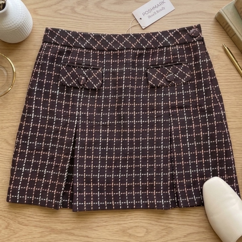 NWT Ann Taylor Loft 100% Wool Tweed Mini Skirt 8P Petite Brown Pink Check - Picture 1 of 6